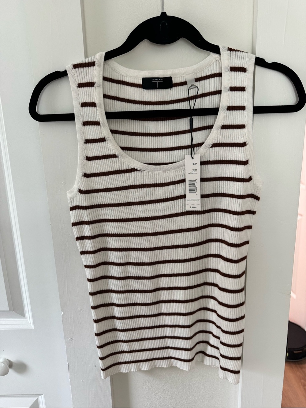 Tahari White and Brown Striped Ribbed Tank